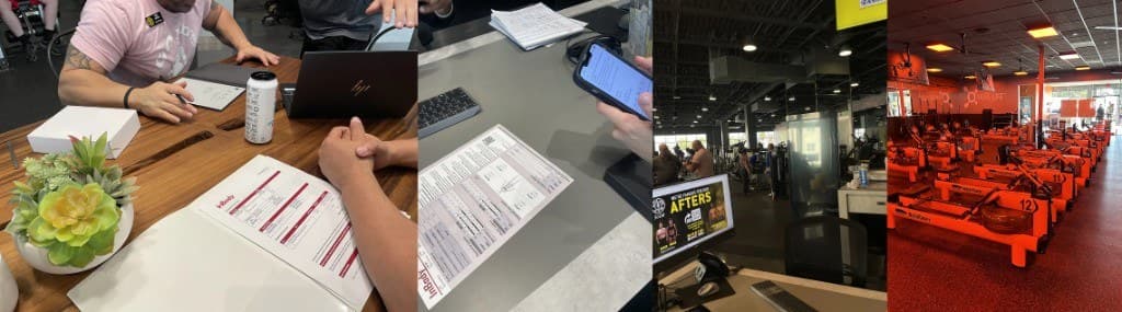 Field research collage: InBody consultations, result sheets, gym floor, and group training equipment