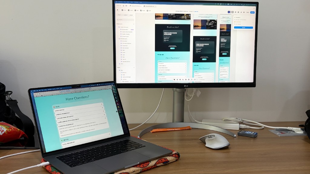 Building the Katsby Campus landing page — laptop FAQ and Framer frames on a monitor