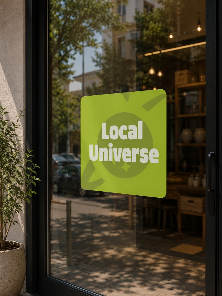 Local Universe lime-green logo sticker on a shop door