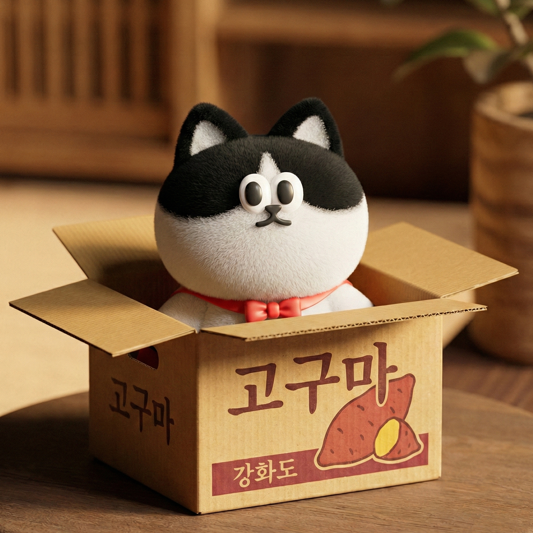 Sunmu sitting in a Ganghwa sweet potato box