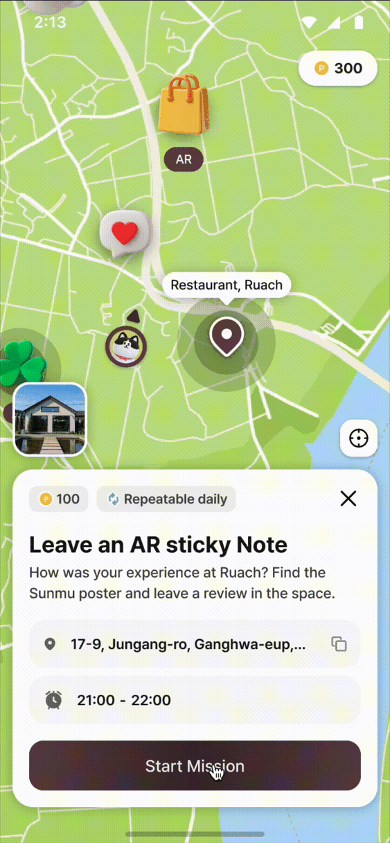 AR sticky note mission — leave a review at Restaurant Ruach on the map